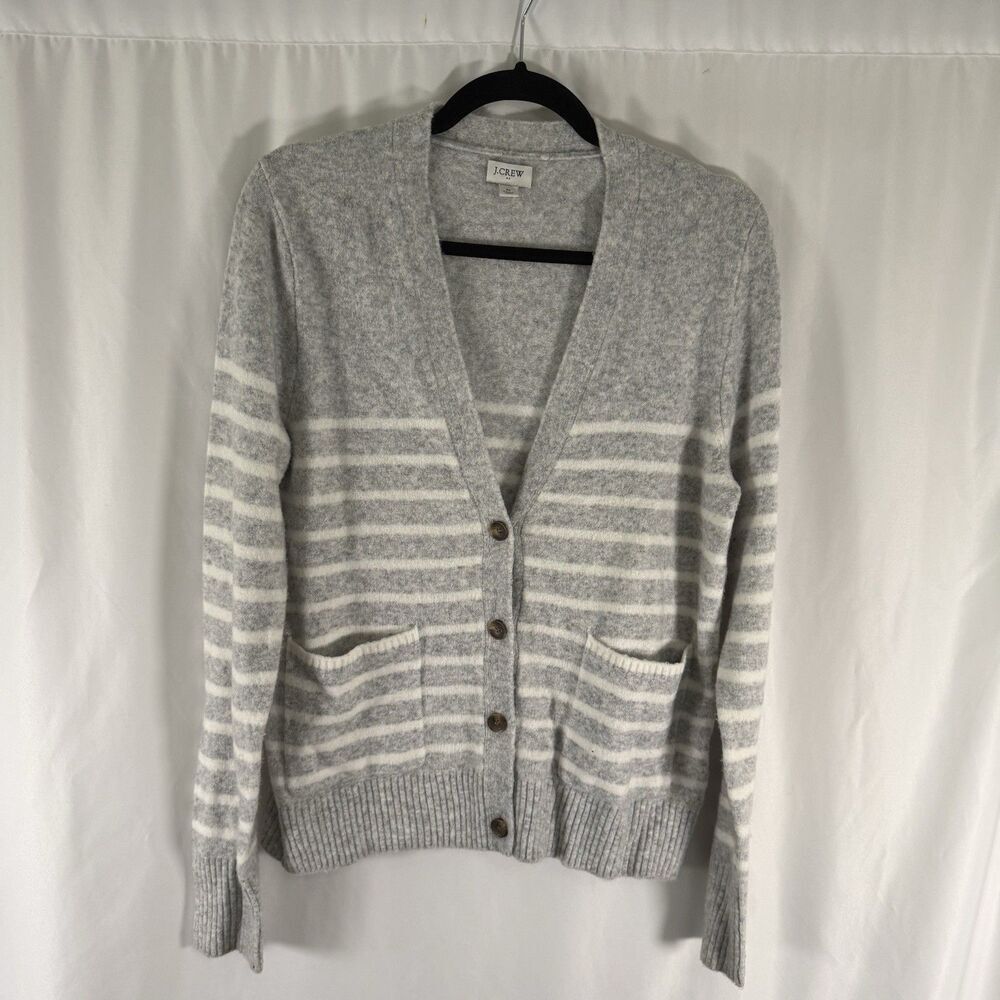 J. Crew Cardigan Women's Medium Grey White Striped Extra Soft Cozy Button Up